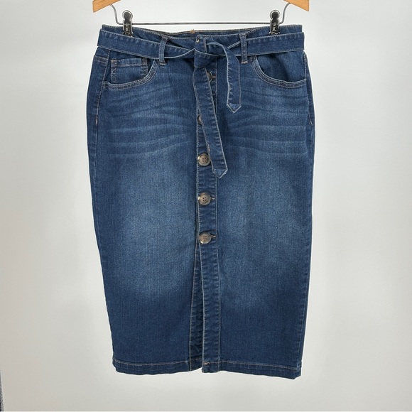 d. jeans Dresses & Skirts - d. jeans Dark Blue Midi Skirt with Button Front Tie Waist Classic Academia